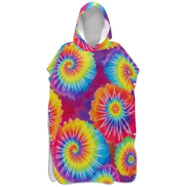 Imagem de Joisal Poncho de surfe trocador de roupão para banho de praia Adul toalhas com capuz reutilizáveis arco-íris tie dye espiral unissex poncho adulto com capuz