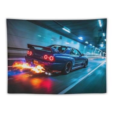 Imagem de HouLaiZhe JDM Tapeçaria de carro Jdm Car R32 que lança chamas em alta velocidade para pendurar na parede quarto decoração de casa tapeçarias estética piquenique decoração de parede arte de parede para