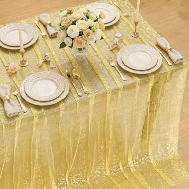 Imagem de Horaldaily Toalha de mesa de gaze amarela retangular 132 x 182 cm, folha metálica com glitter de lantejoulas douradas, gaze de tule transparente para casamento, chá de bebê, cerimônia de aniversário