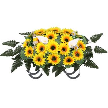 Imagem de QSBOFOST Selim de flor de lápide, flores de memorial de cemitério, girassol artificial e sela de lírio de calla para lápide de cemitério (amarelo)