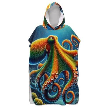 Imagem de Poncho de surfe trocador de roupão adulto toalha de banho com capuz tamanho grande polvo vibrante oceano arte ponchos de praia para homens