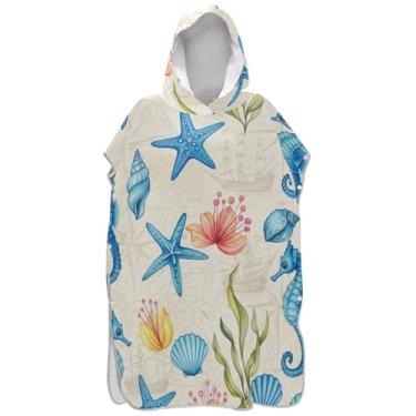 Imagem de Joisal Poncho de surf vintage cavalo marinho estrela do mar bege para adultos trocador de roupão toalha com capuz floral vestível unissex poncho adulto com capuz
