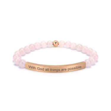 Imagem de cusurlove Pulseira feminina inspiradora de quartzo rosa, banhado a ouro 18K, joia de fé, bíblia religiosa cristã, presente para encorajamento, amor e força, Medium, Cristal, Sem Pedra Preciosa