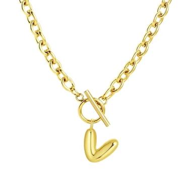 Imagem de Fiiuos Colar com inicial para mulheres, banhado a ouro 18 K, delicada, com pingente de letra bolha personalizada, corrente de elos grossos de clipe de papel com fecho de botão minimalista, joias de