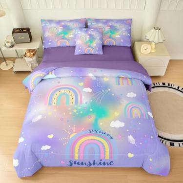 Imagem de Yadangxiawa Jogo de cama casal com 6 peças, arco-íris, para adolescentes, com 1 colcha + 1 lençol de cima + 1 lençol com elástico + 2 fronhas + 1 capa de almofada (multicolorido-C, casal)
