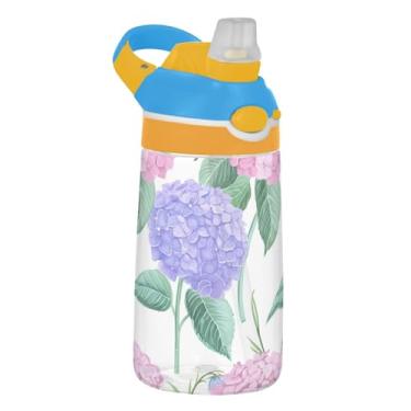 Imagem de Garrafa de água infantil branca Pink Hydrangeas Bluebells para escola, 473 ml Tritan 473 ml, garrafa de água esportiva com canudo, copos de viagem à prova de vazamento para crianças, reutilizáveis