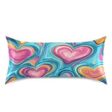 Imagem de Blueangle Fronha de cetim refrescante para cabelo e pele, capa de almofada de corações coloridos, tamanho king size 50,8 x 101,6 cm com fecho de envelope (36)