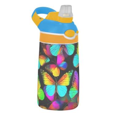 Imagem de Garrafa de água preta Neon Butterflies Kids com canudo 473 ml Tritan 473 ml Garrafa de água esportiva reutilizável portátil infantil copo de viagem, à prova de vazamento, alça de transporte