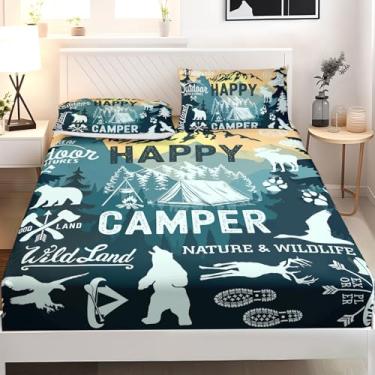 Imagem de AILONEN Jogo de lençol Queen com tema de acampamento ao ar livre, estampa de vida selvagem, floresta e trilhas, 2 fronhas, 3 peças, microfibra macia