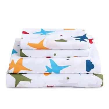 Imagem de ChicView Jogo de cama Queen infantil, 4 peças de lençóis de microfibra macia respirável para crianças, meninos, meninas, antibolinhas, bolsos profundos, fácil de cuidar, aeronaves