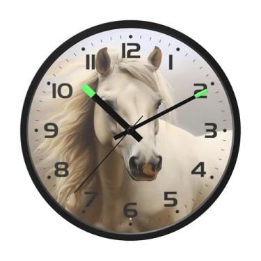 Imagem de SEHANY Relógio de parede artístico majestoso cavalos silencioso, sem tique-taque, relógio redondo operado por bateria, controle de som, luz noturna, relógios de parede para sala de estar, cozinha