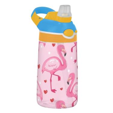 Imagem de Garrafa de água esportiva infantil de 473 ml com tampa de palha, garrafa de água Tritan reutilizável de 473 ml, copo infantil portátil à prova de vazamento, alça de transporte, flamingos de desenho