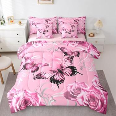 Imagem de Feelyou Conjunto de edredom fofo de borboleta com 7 peças, solteiro, borboletas, 3D, para crianças, meninos, meninas, galáxia, sonhador, em uma bolsa, com glitter, rosa, floral, microfibra macia
