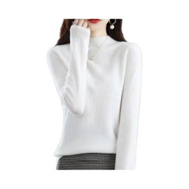 Imagem de Suéter Feminino De Lã 100% Pura Com Gola Alta, Pulôver De Cashmere Cas