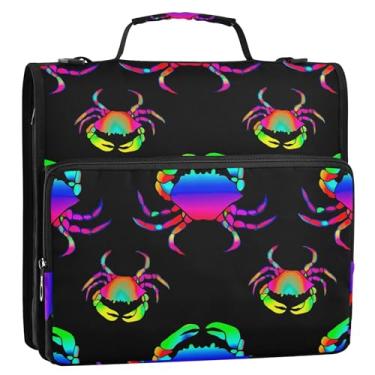 Imagem de Organizador de fichário com zíper neon colorido caranguejos pretos 3,8 cm fichários fofos com alça pasta de armazenamento de bolsa de ensino médio com alça