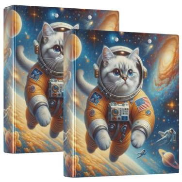 Imagem de Fichário Space Cat Astronauta Gatinho com 3 argolas de 3 cm, 200 folhas, impressão artística, 3 pastas, anéis redondos, fichários resistentes, pacote com 2