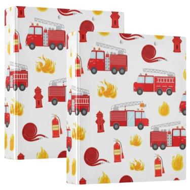 Imagem de Fichário personalizado com 3 anéis de caminhões de bombeiros vermelhos 3,5 polegadas, comporta 200 folhas, anel redondo, fichário de receita, 31,5 x 27 x 6 cm, pacote com 2