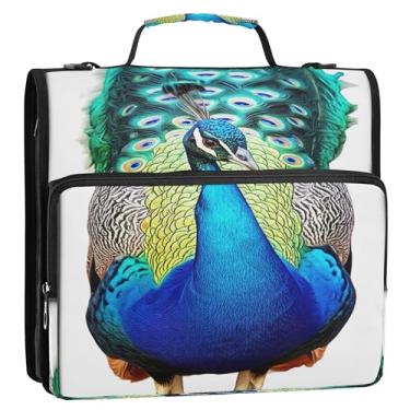 Imagem de Fichários básicos de 3,8 cm com 3 anéis elegantes com estampa de pavão azul e zíper organizador de fichário de armazenamento com alça escolar e alça de ombro