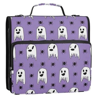Imagem de Organizador de fichário roxo fantasma Halloween com zíper 3 argolas 3,8 cm D fichário com alça de ombro para escola, vários bolsos, pasta grande de portfólio