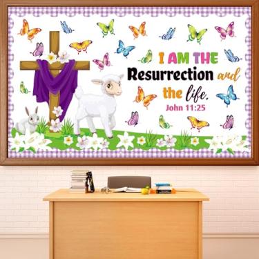 Imagem de Conjunto de quadro de avisos religioso de borboleta de Páscoa Jesus Ressurreição quadro de avisos decoração de sala de aula borboletas coloridas flores de lírio de cordeiro recortes para escola