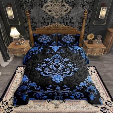 Imagem de Erosebridal Conjunto de edredom gótico azul preto, tamanho king, vintage, boêmio, damasco, floral, boêmio, exótico, gótico, para crianças, adultos, estilo vitoriano, barroco, 3 peças