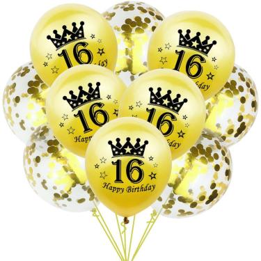 Imagem de Kit de balões Feliz Aniversário 16, látex dourado, 30 cm, 10 unidades