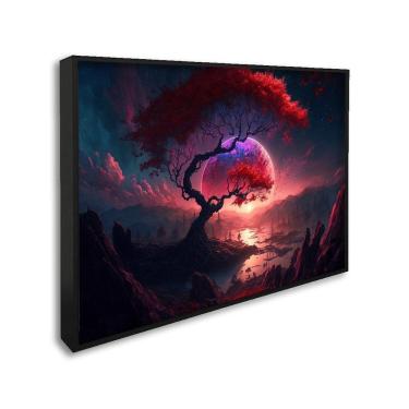 Imagem de Quadro Decorativo Paisagem Anoitecer com Árvore e Penhasco com 1 Tela 60x90cm para Sala Quarto Sem Vidro Preto