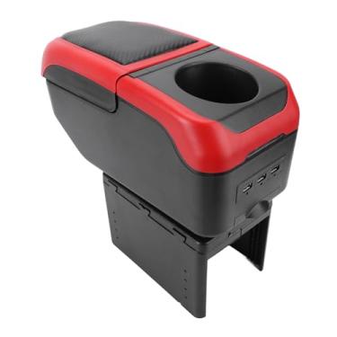 Imagem de Fockety Caixa de Apoio de Braço para Carro, Organizador de Console Central de Camada Dupla de Couro PU Com Suporte para Copo, Slot para Telefone, Tipo C e Porta de Carregamento USB (Vermelho)