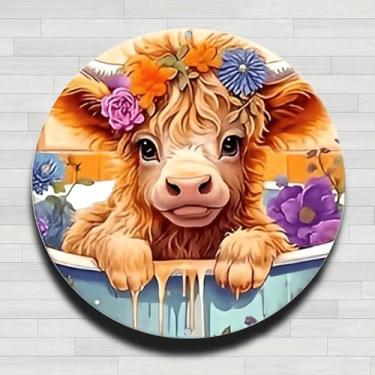 Imagem de Placa de parede redonda de metal rústico de vaca espiando na banheira com flores vintage, 20 cm, presentes e decoração para casa, escritório, café e quintal