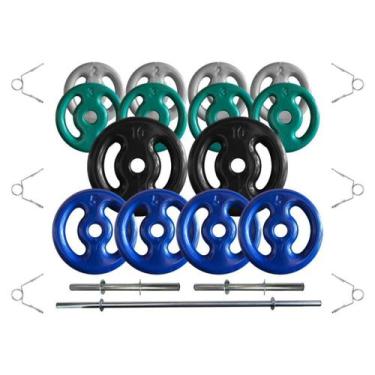 Imagem de Kit Anilhas Emborrachadas 60 Kg + Barras com Presilhas - 2M