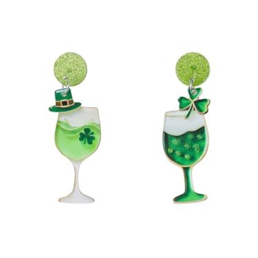Imagem de Brincos femininos de Dia de São Patrício com pingente de flor da sorte verde chapéu de sapo acrílico taça de vinho brincos irlandeses para presente de dia de São Patrício, Large, Acrílico, Sem pedra