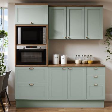 Imagem de Cozinha Modulada 100% Mdf 3 Peças com Torre Quente e Tampo Iluminata Verde Mint/Ébano Fosco