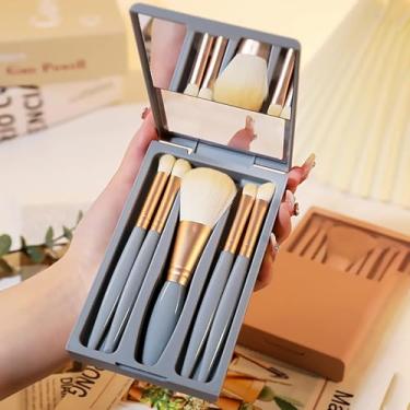 Imagem de Conjunto de 5 pincéis de maquiagem para viagem com espelho, kit de pincéis de maquiagem cosméticos com estojo e espelho, corretivo de base em pó, sombras, conjunto de pincéis de maquiagem, azul