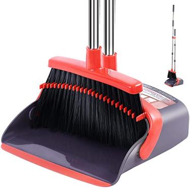 Imagem de Conjunto de vassoura com pá de lixo conjunto de vassoura e pá de poeira com cabo longo de aço inoxidável, vassouras com cerdas macias de 5 camadas, itens essenciais para casa
