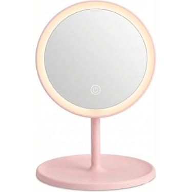 Imagem de Espelho de Mesa Redondo com LED USB; 27cm x 17,5cm; Design Moderno; Luz Ajustável Maquiagem e Skincare (rosa)