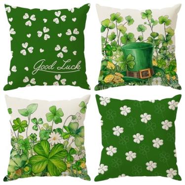 Imagem de ZAEW Aquarela Trevo Verde Trevo Chapéu Moedas Dia de São Patrício Fronhas Conjunto de 4 Decorações para Casa de Fazenda Sofá Sofá Capa de Almofada Festa Decoração de Férias 40,6 x 40,6 cm