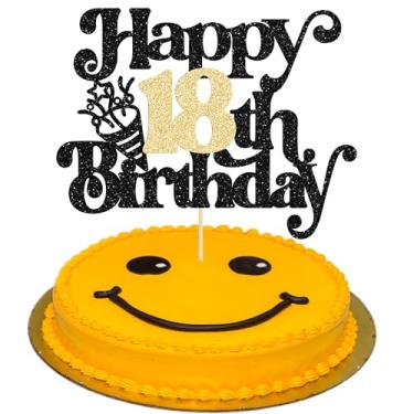 Imagem de Gyufise 1 pç Topo de bolo de feliz aniversário de 18 anos com glitter, feliz aniversário, aplausos para 18 anos para festa de casamento de 18 anos, decoração de cupcake, suprimentos preto dourado