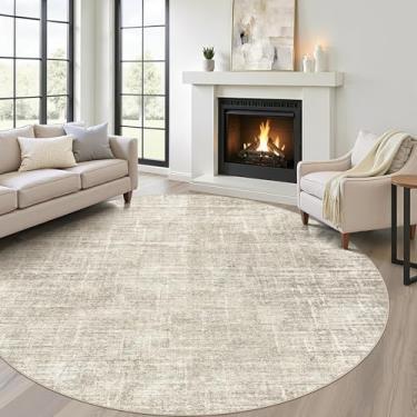 Imagem de Tapete redondo de 2,4 m para sala de estar: 20 x 20 cm lavável grande neutro marrom círculo tapete abstrato macio moderno resistente a manchas tapete antiderrapante para quarto berçário crianças