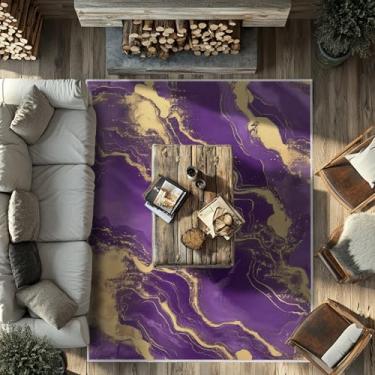 Imagem de Tapete de área 20 x 25 cm, roxo e dourado, moderno, grande, para sala de estar, interior, lavável à máquina, tapetes abstratos para quarto, ultramacio, sala de jantar, tapete antiderrapante para