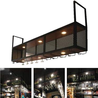 Imagem de Rack de taça de vinho organizar cozinha prateleira de vinho com luzes rack de garrafa com placa de madeira maciça suporte para sala de estar, bares, restaurantes, cozinhas 100 × 30 × 80 cm