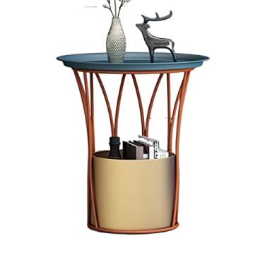 Imagem de Mesa de centro redonda de metal moderna com cesta de armazenamento, mesa lateral para uso multifuncional interno e externo, mesa de cabeceira para sala de estar, quarto, berçário, lavanderia simples