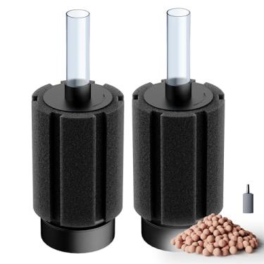 Imagem de DVHEY Pacote com 2 filtros de esponja com pedra de ar e meios cerâmicos, esponja silenciosa de nano filtro bio para aquário de 10 a 50 galões Betta Fry Camarão Água salgada Água doce pequeno aquário