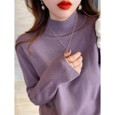 Imagem de Suéter Feminino De Gola Alta Para Outono Inverno, Manga Longa, Macio E
