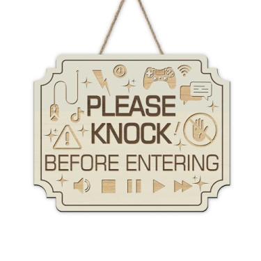 Imagem de Bolisom Por favor, bata antes de entrar na porta da frente, cabide de placa de madeira para jogos, sala de jogos, quarto de meninos, dormitório, decoração de casa, não entre em guirlanda de madeira