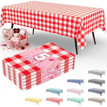 Imagem de misaya Pacote com 5 toalhas de mesa descartáveis de búfalo, 137 x 272 cm, toalha de mesa de plástico impermeável retangular branca e vermelha para piquenique, aniversário, festa