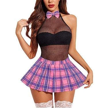 Imagem de Avidlove Conjunto de lingerie feminina de escola, conjunto de lingerie sexy para estudantes, body e minissaia, D - azul e rosa, 3G