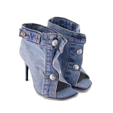 Imagem de THESHY Botas de ganga de salto alto com ponta aberta para mulher, sandálias de botão de metal, sapatos da moda para mulher, azul, 33 BR