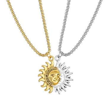 Imagem de Plikin Colar de sol e lua para casais, conjunto combinando de aço inoxidável, banhado a ouro 14K, colar com pingente de prata para mulheres e homens, presente celestial para melhor amiga