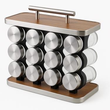 Imagem de Porta Temperos Vidro 12 Potes Com Suporte Madeira e Plástico Organizador De Cozinha Moderno Premium