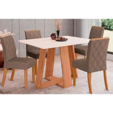 Imagem de Conjunto Mesa De Cozinha Lins Com Tampo Madeirado 120x80cm E 4 Cadeiras Vita Nature Off White Suede Marrom Henn